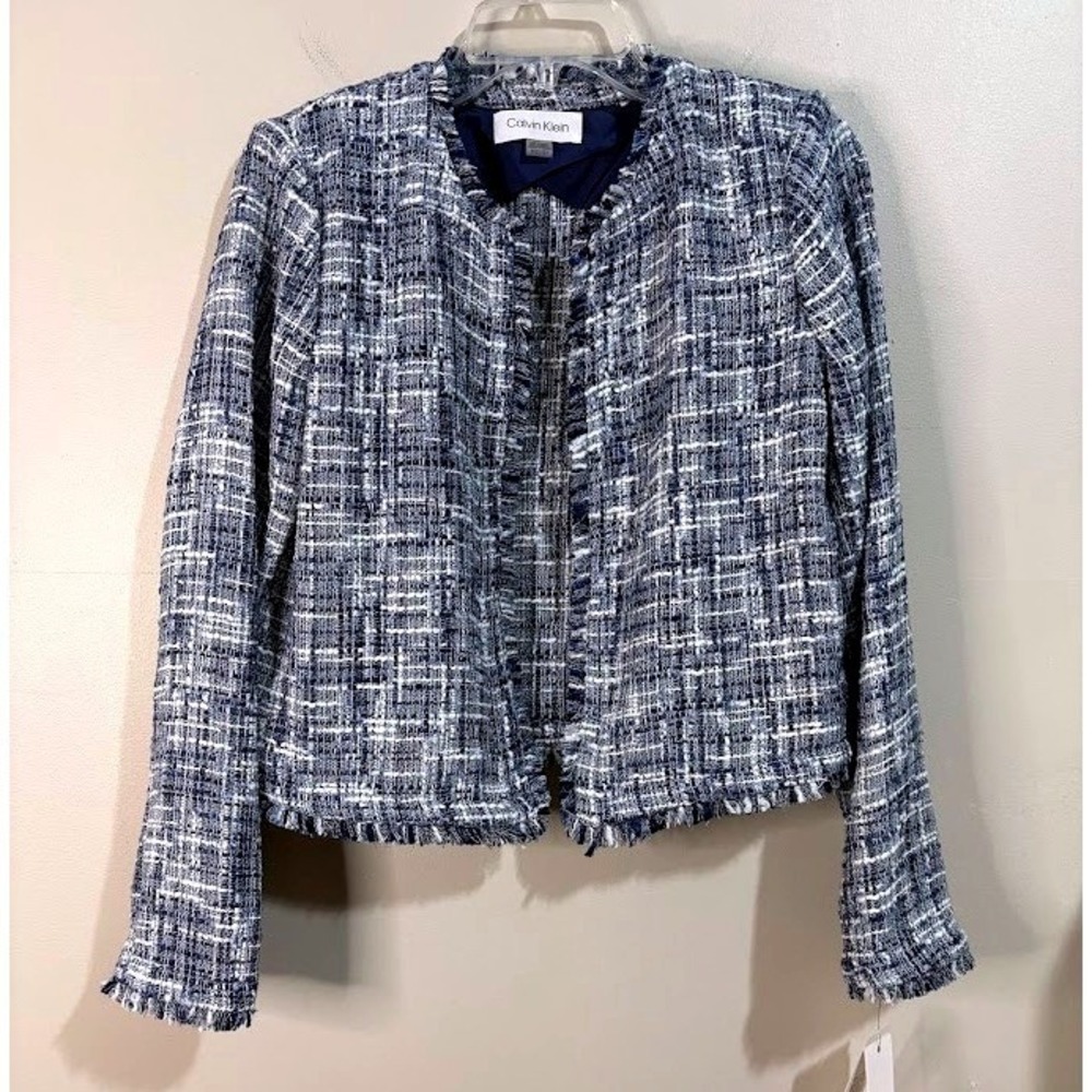Calvin Klein Women's Blue White‎ Tweed Collarless Fringed Jacket Petite 8P NWT